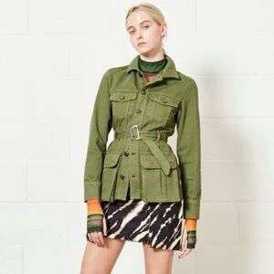 House of Holland Belted Safari Jacket Twill Cotton Green US 6 Utility Military